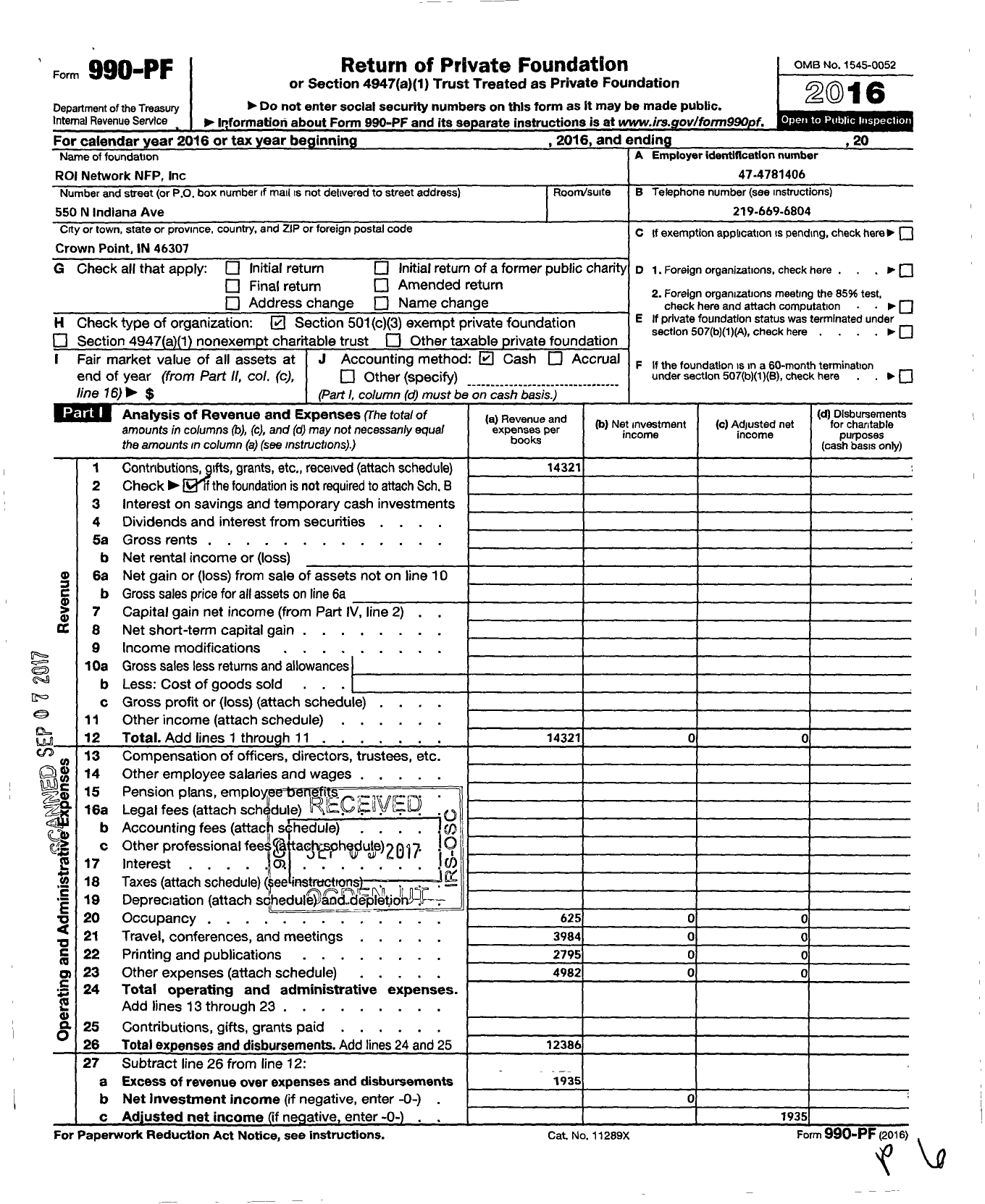 Image of first page of 2016 Form 990PF for Roi Network NFP