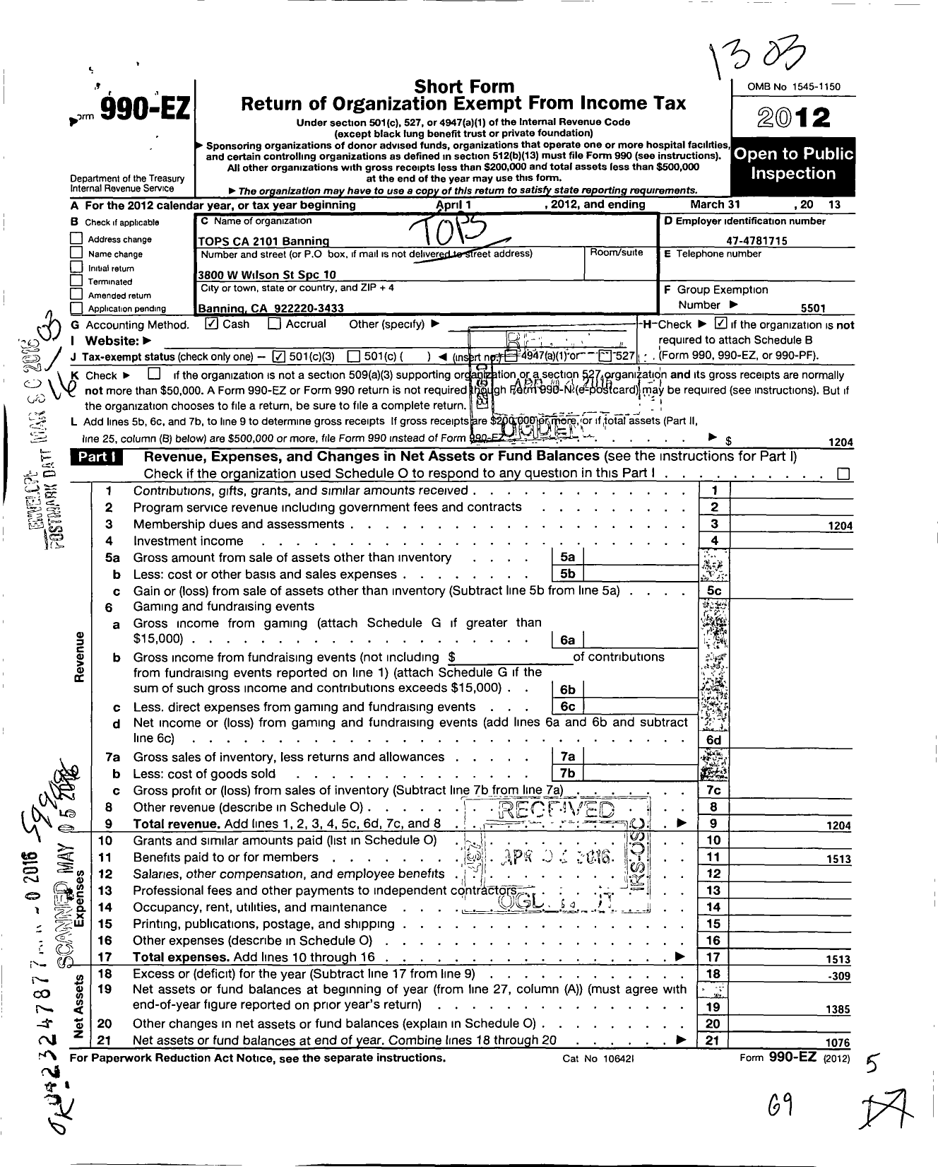 Image of first page of 2012 Form 990EZ for Tops Club - 2101 Banning Tops Ca