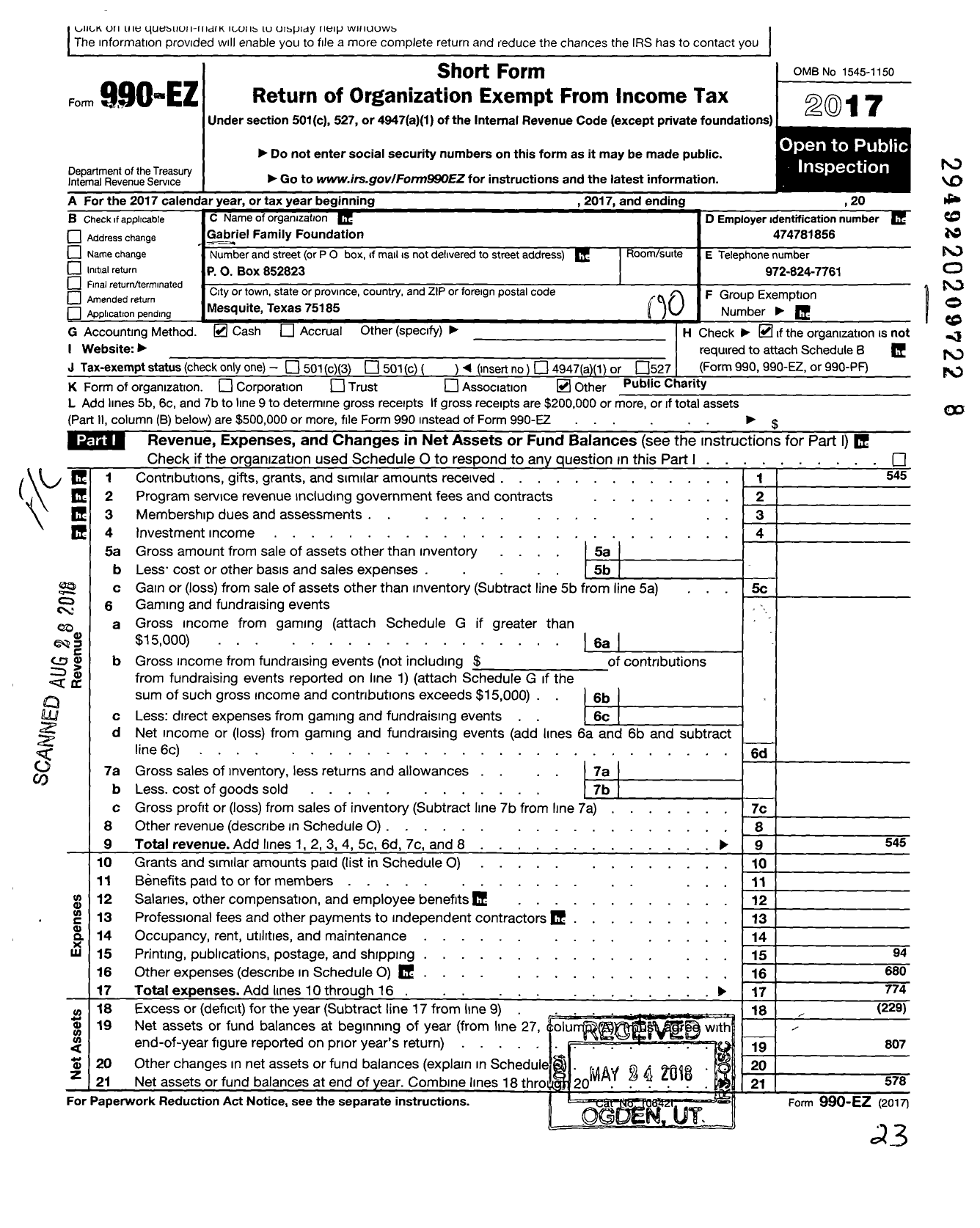 Image of first page of 2017 Form 990EO for Gabriel Family Foundation