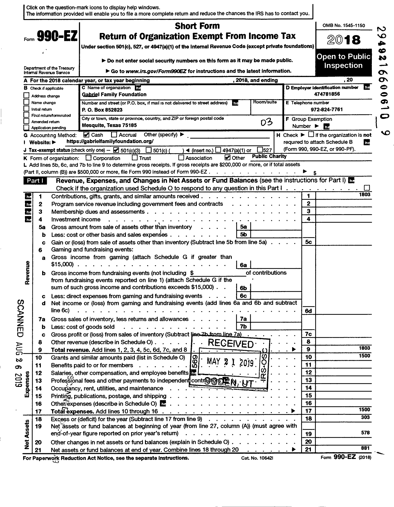 Image of first page of 2018 Form 990EZ for Gabriel Family Foundation