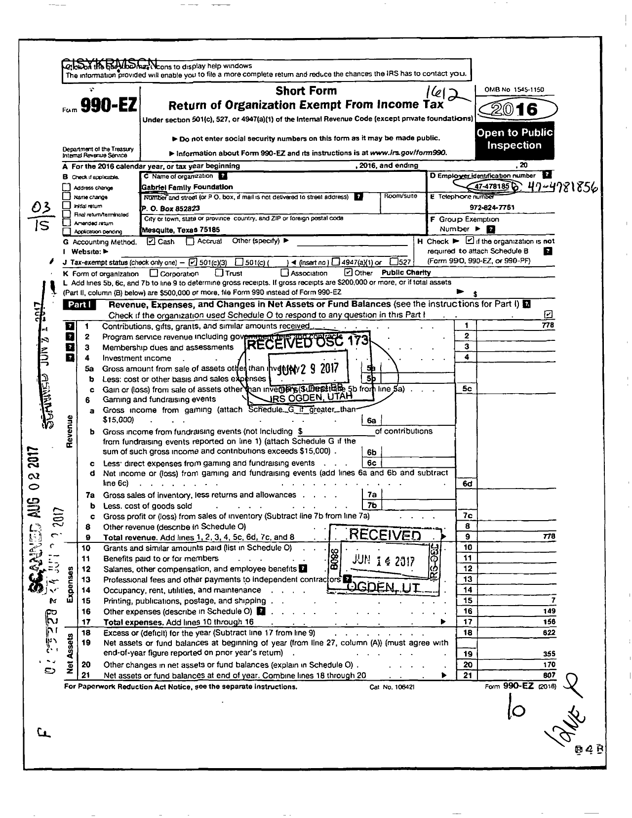 Image of first page of 2016 Form 990EZ for Gabriel Family Foundation