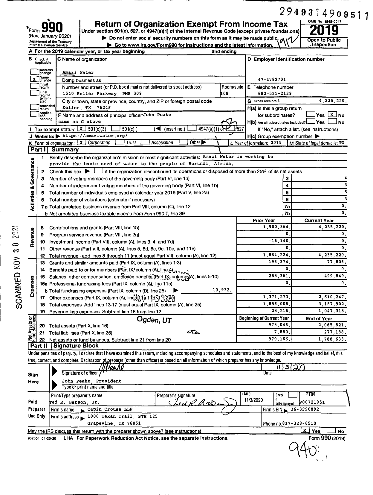 Image of first page of 2019 Form 990 for Amazi Water