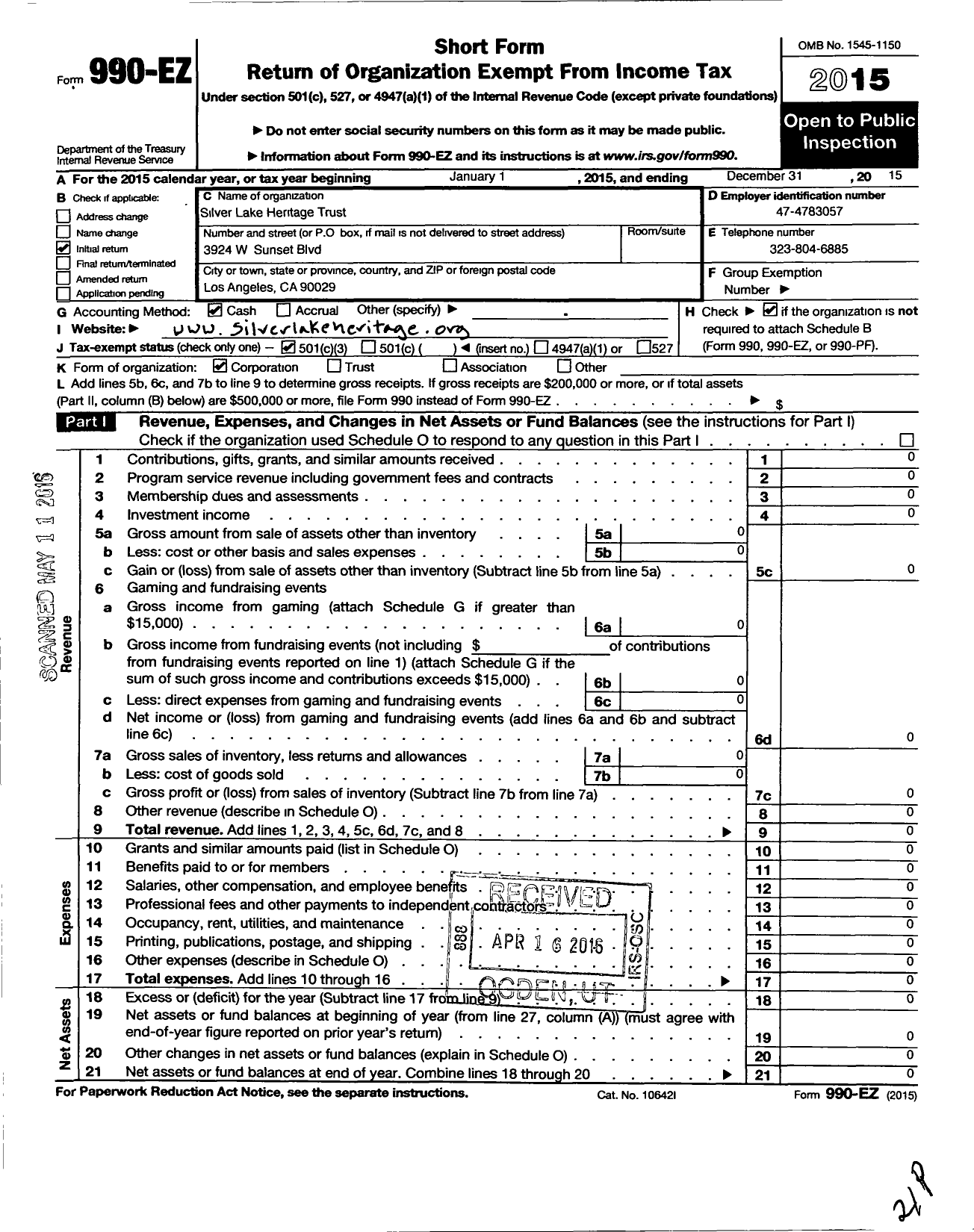 Image of first page of 2015 Form 990EZ for Silver Lake Heritage Trust