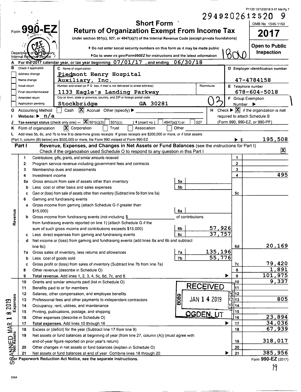 Image of first page of 2017 Form 990EZ for Piedmont Henry Hospital