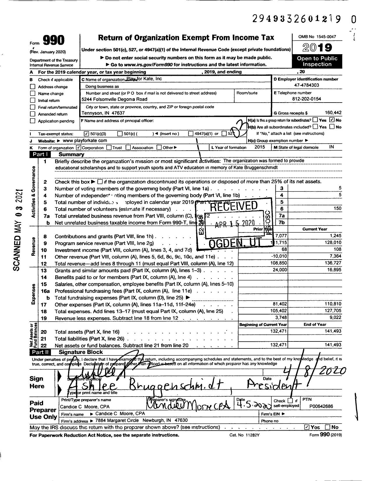 Image of first page of 2019 Form 990 for Play for Kate