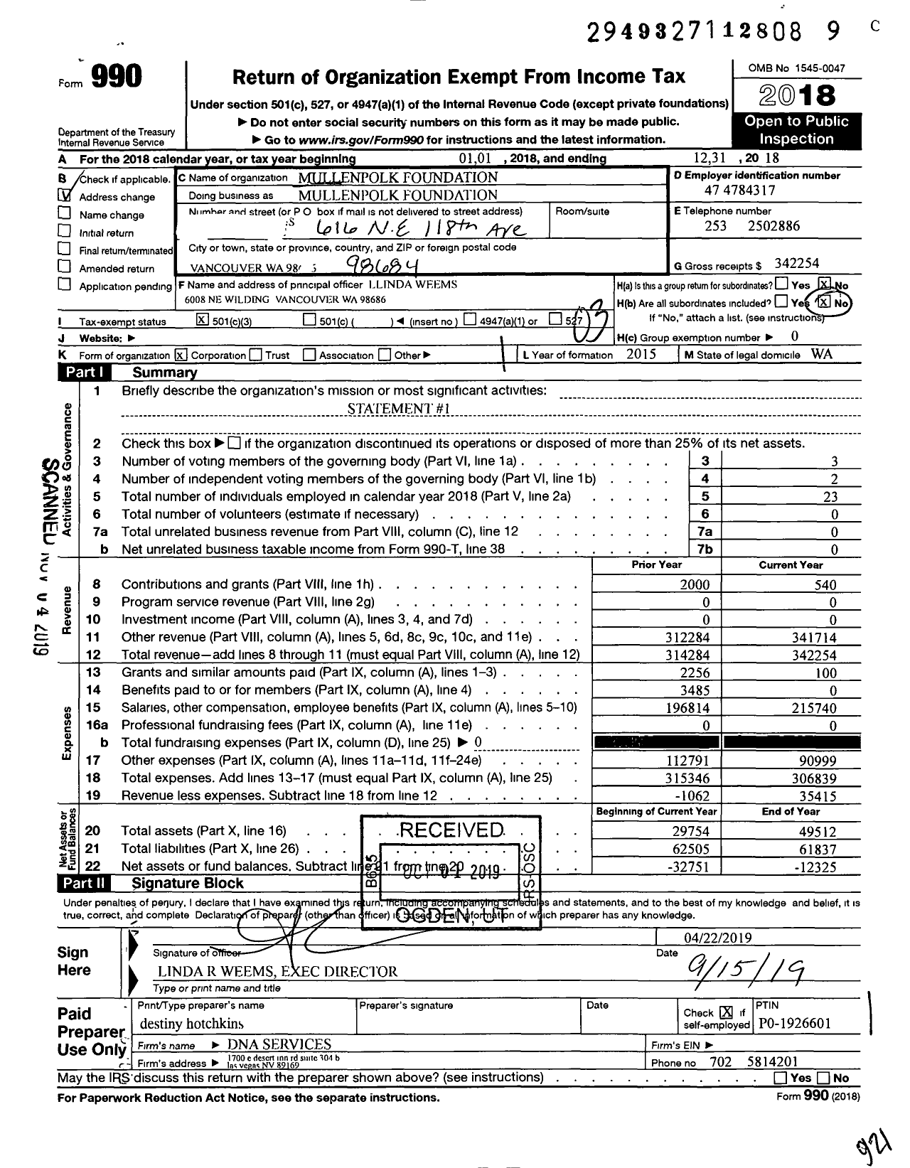 Image of first page of 2018 Form 990 for Mullen-Polk Foundation