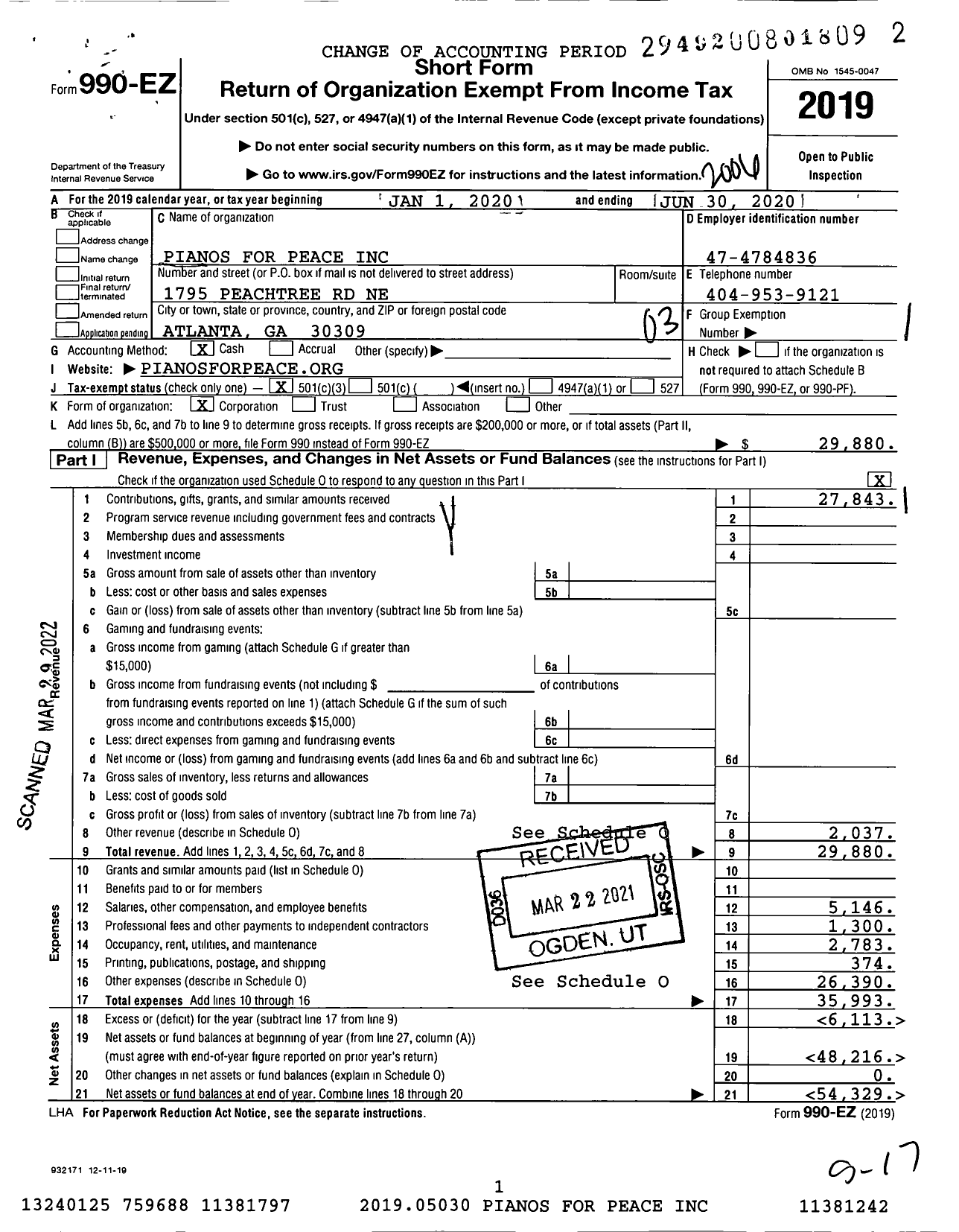 Image of first page of 2019 Form 990EZ for Pianos for Peace