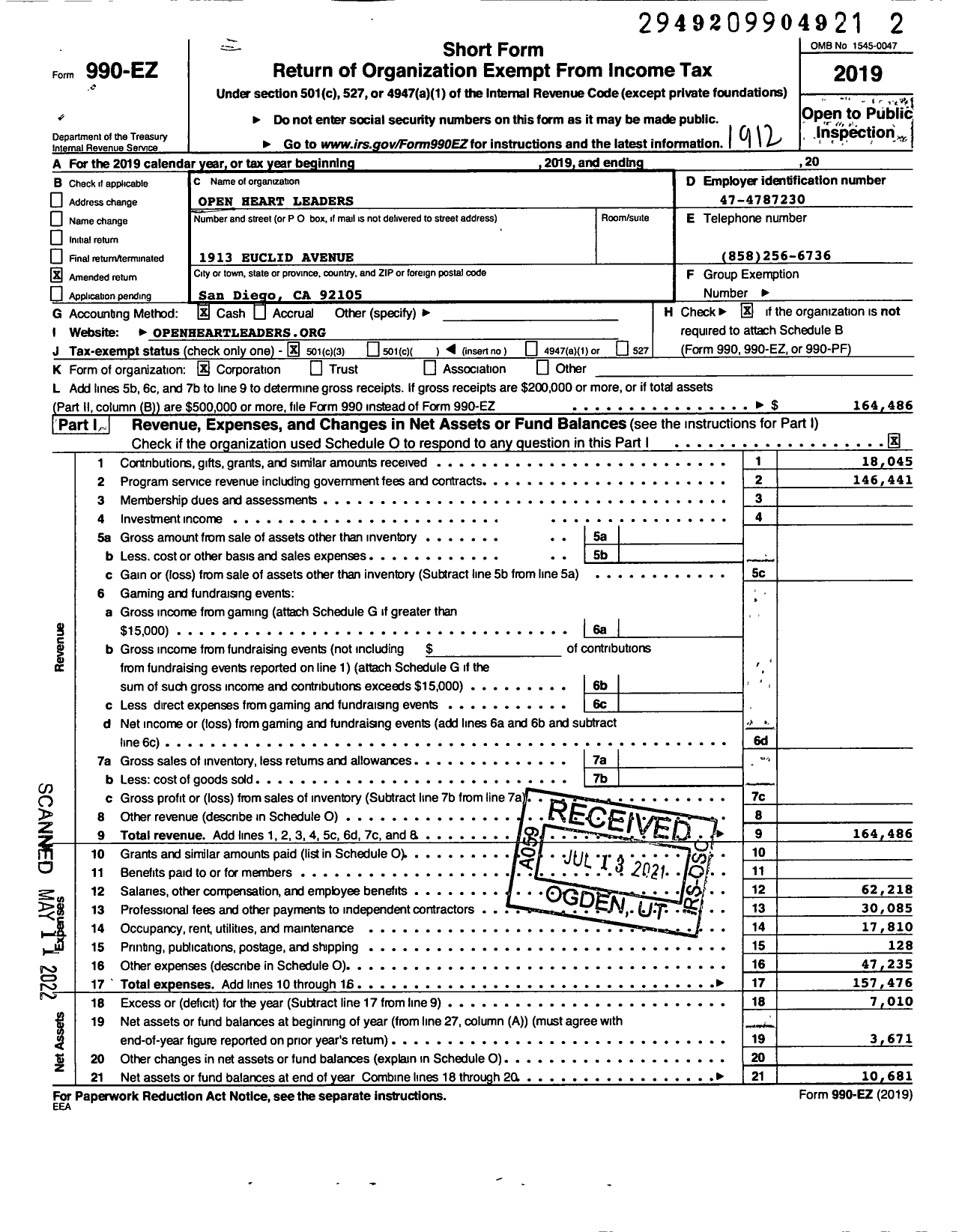 Image of first page of 2019 Form 990EZ for Open Heart Leaders