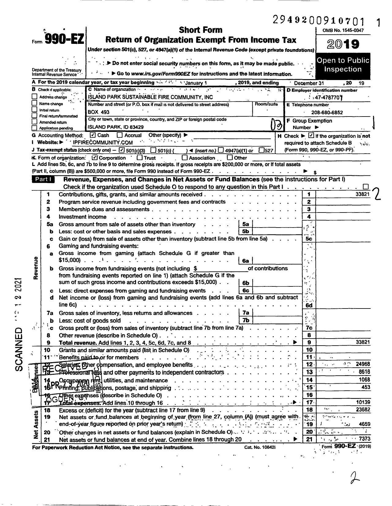 Image of first page of 2019 Form 990EZ for Island Park Sustainable Fire Community