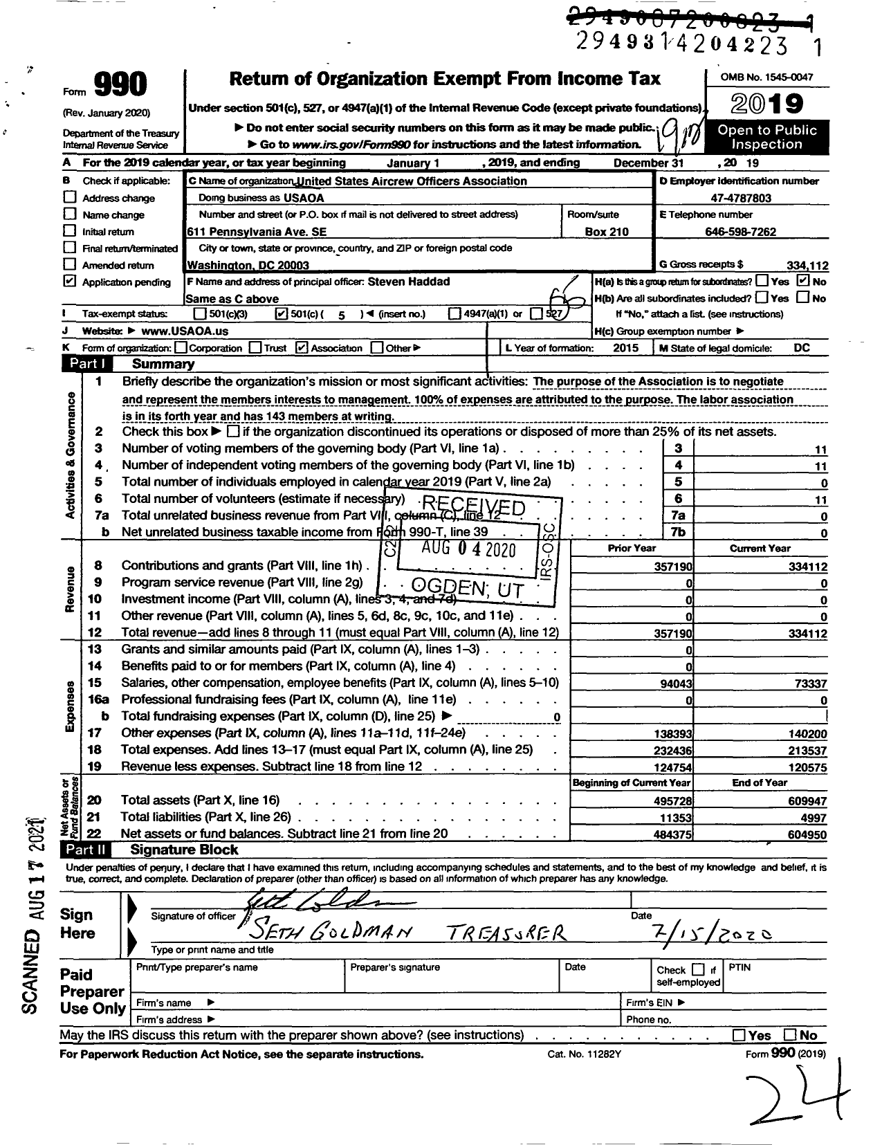 Image of first page of 2019 Form 990O for United States Aircrew Officers Association (USAOA)