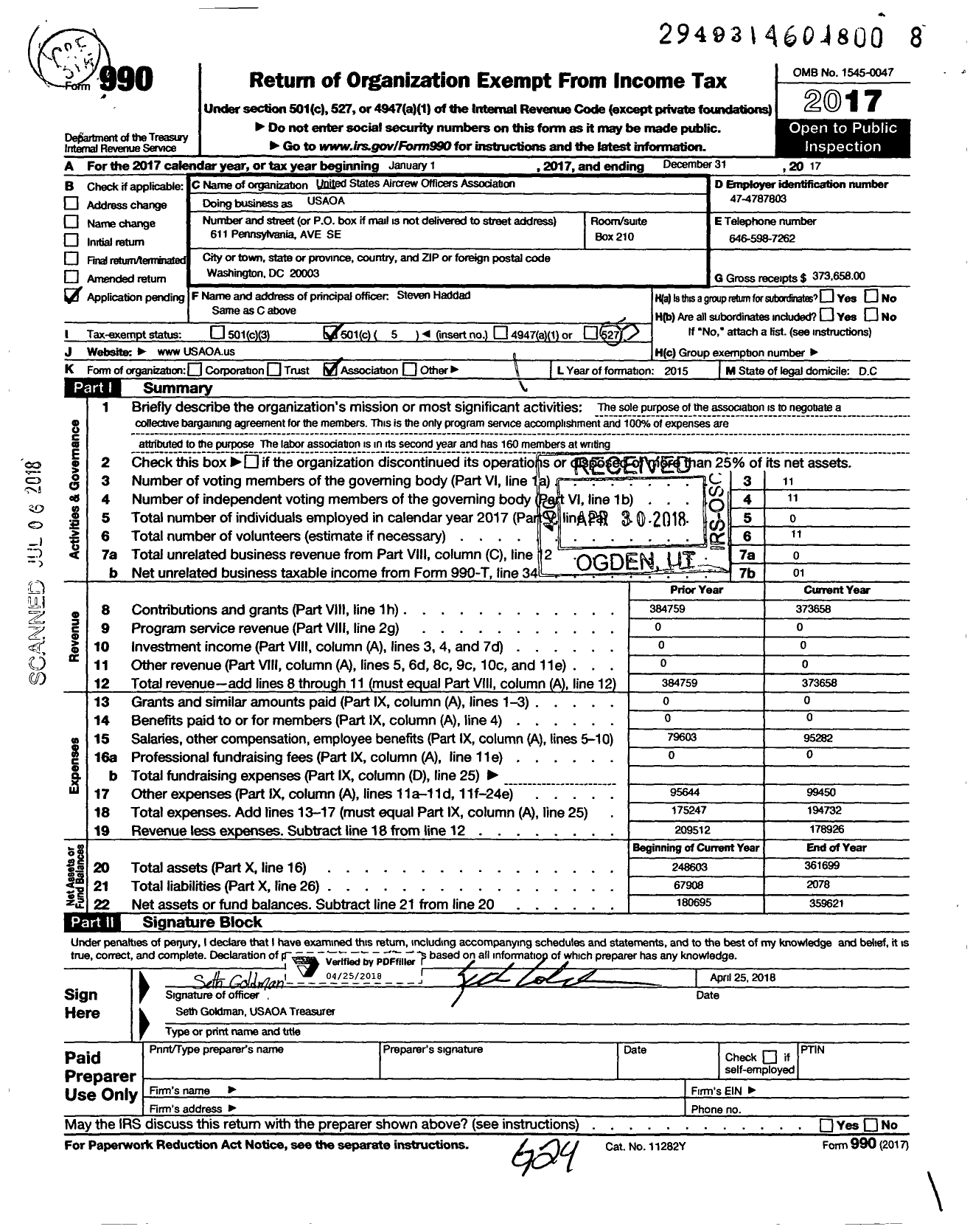 Image of first page of 2017 Form 990O for United States Aircrew Officers Association (USAOA)