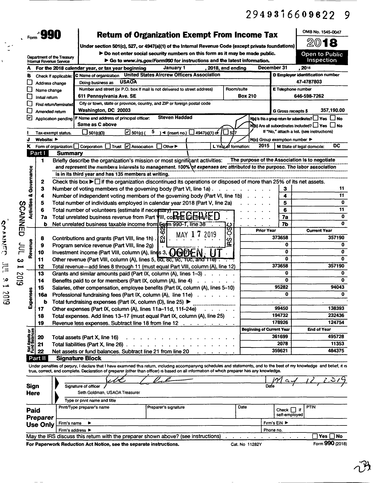 Image of first page of 2018 Form 990O for United States Aircrew Officers Association (USAOA)