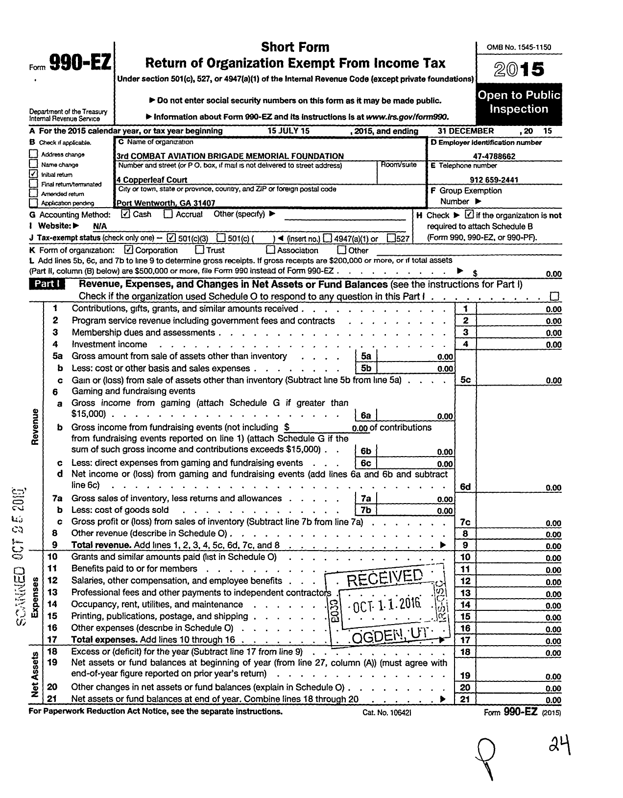 Image of first page of 2015 Form 990EZ for 3rd Combat Aviation Brigade Memorial Foundation