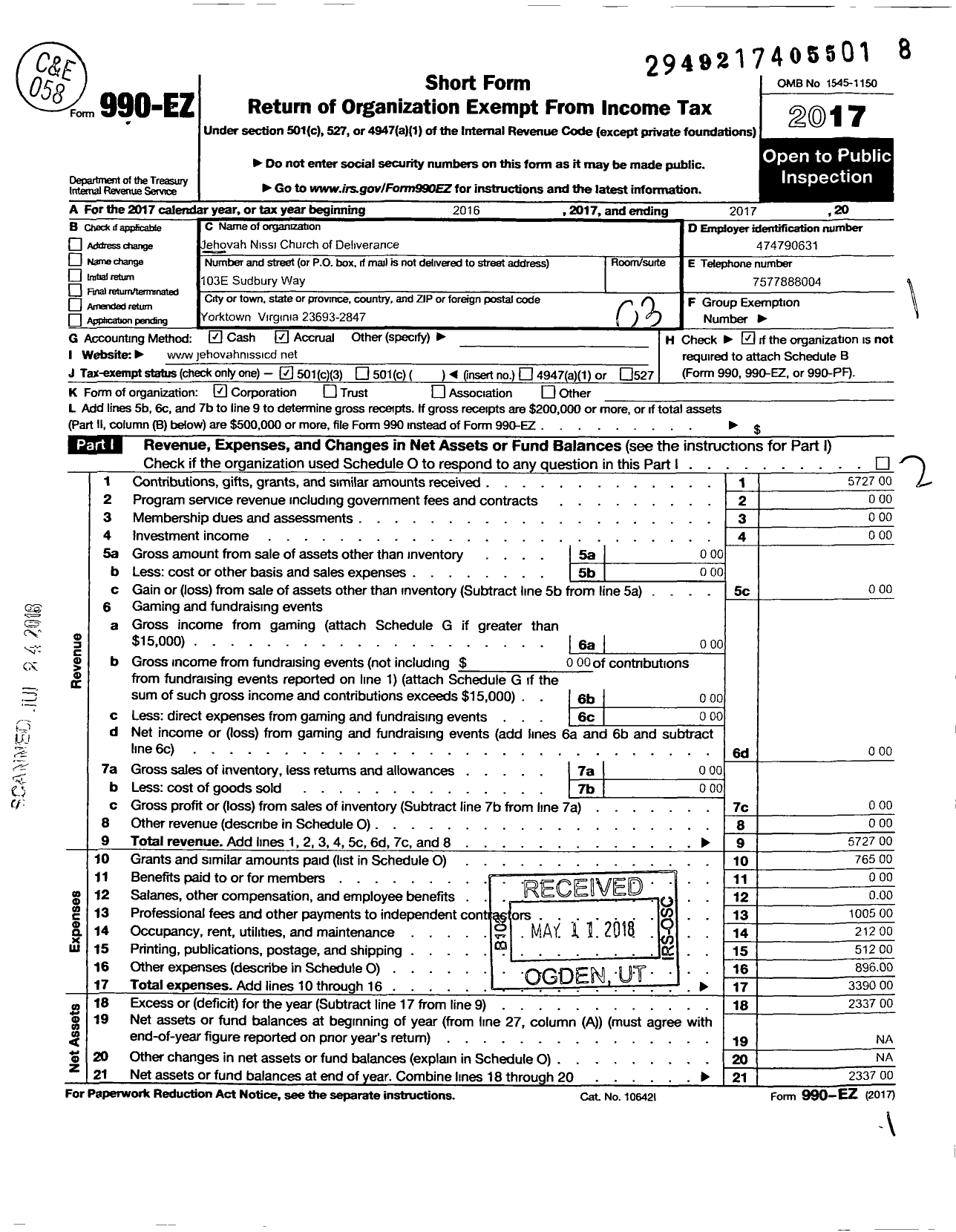 Image of first page of 2017 Form 990EZ for Jehovah Nissi Church of Deliverance