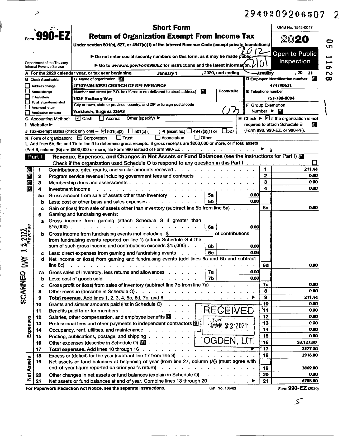 Image of first page of 2020 Form 990EZ for Jehovah Nissi Church of Deliverance