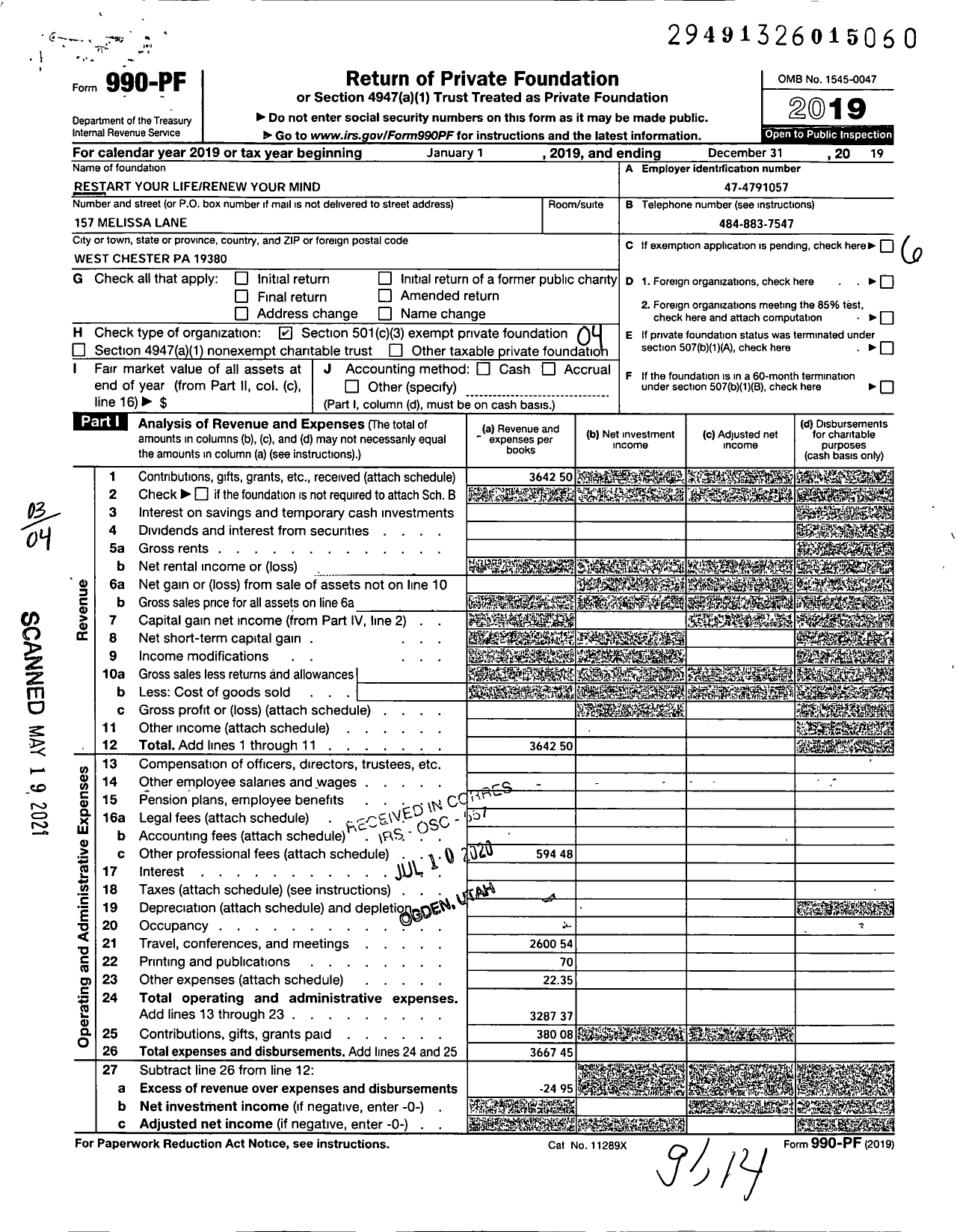 Image of first page of 2019 Form 990PF for Restart Your Life Renew Your Mind