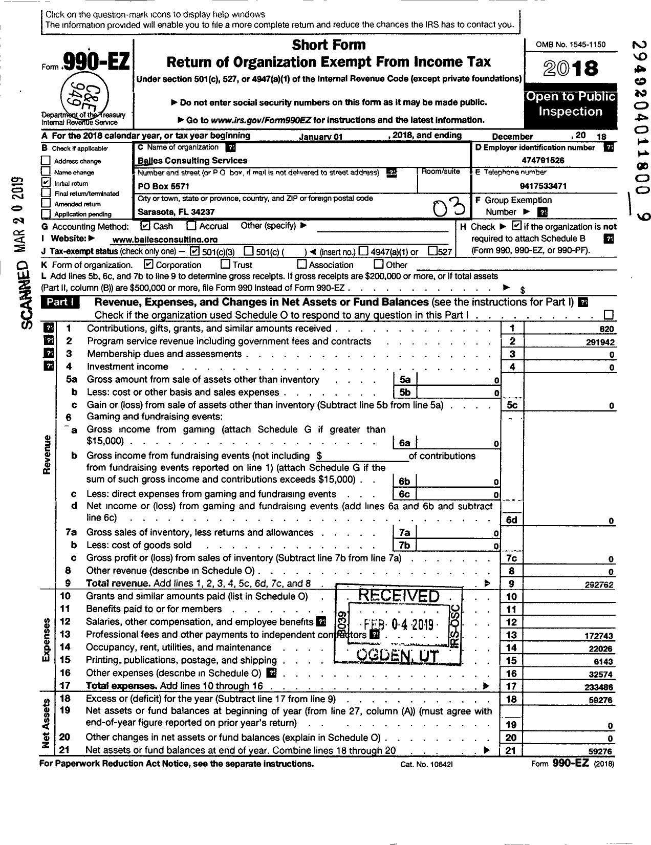 Image of first page of 2018 Form 990EZ for Bailes Consulting Services