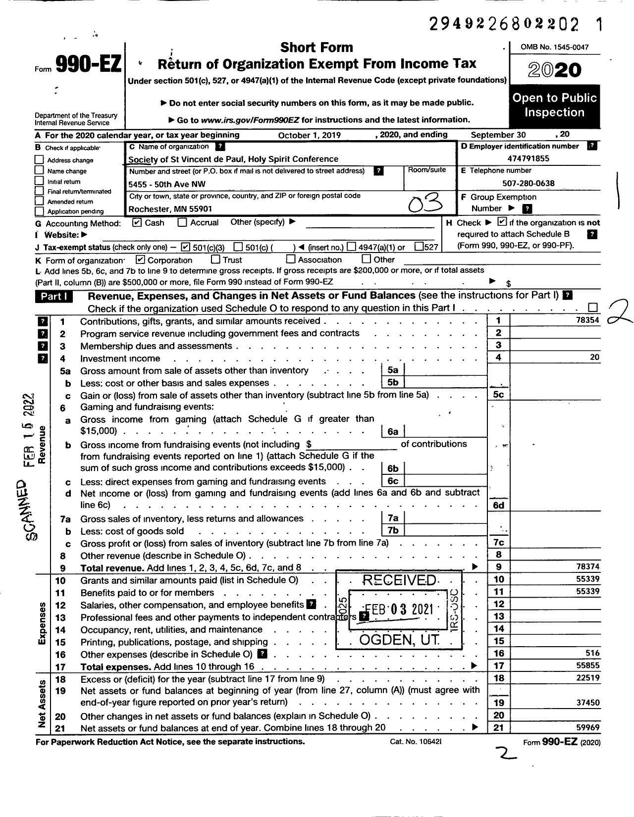 Image of first page of 2019 Form 990EZ for Society of Saint Vincent de Paul Holy Spirit Conference