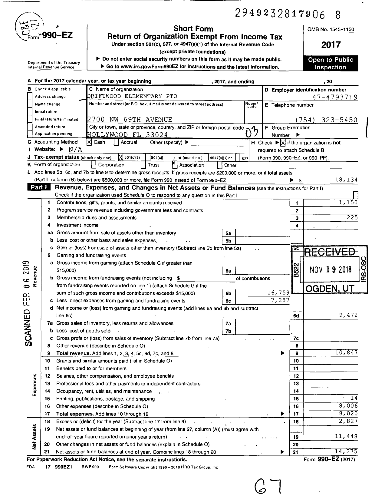 Image of first page of 2017 Form 990EZ for Driftwood Elementary Pto