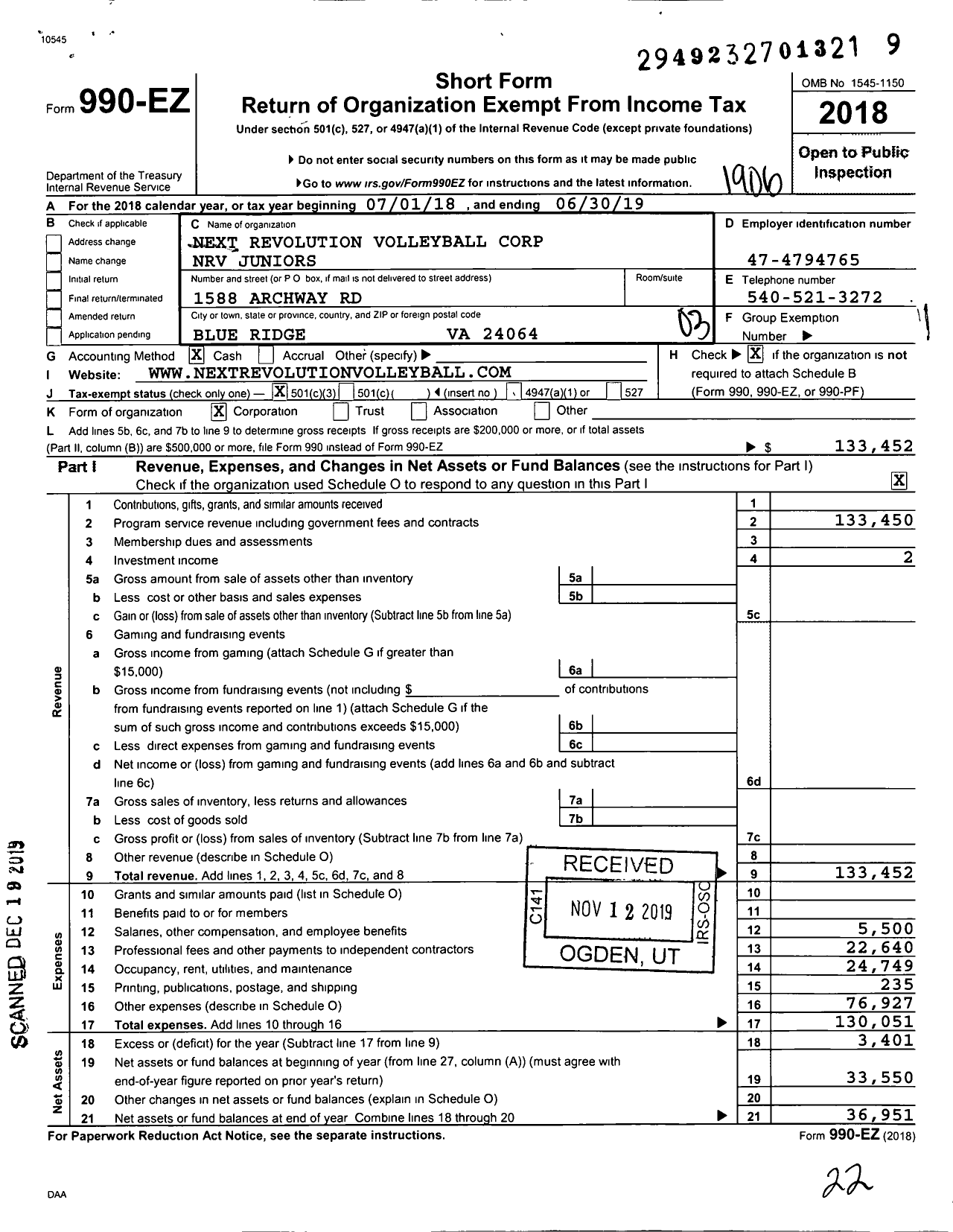 Image of first page of 2018 Form 990EZ for Next Revolution Volleyball Corp NRV Juniors