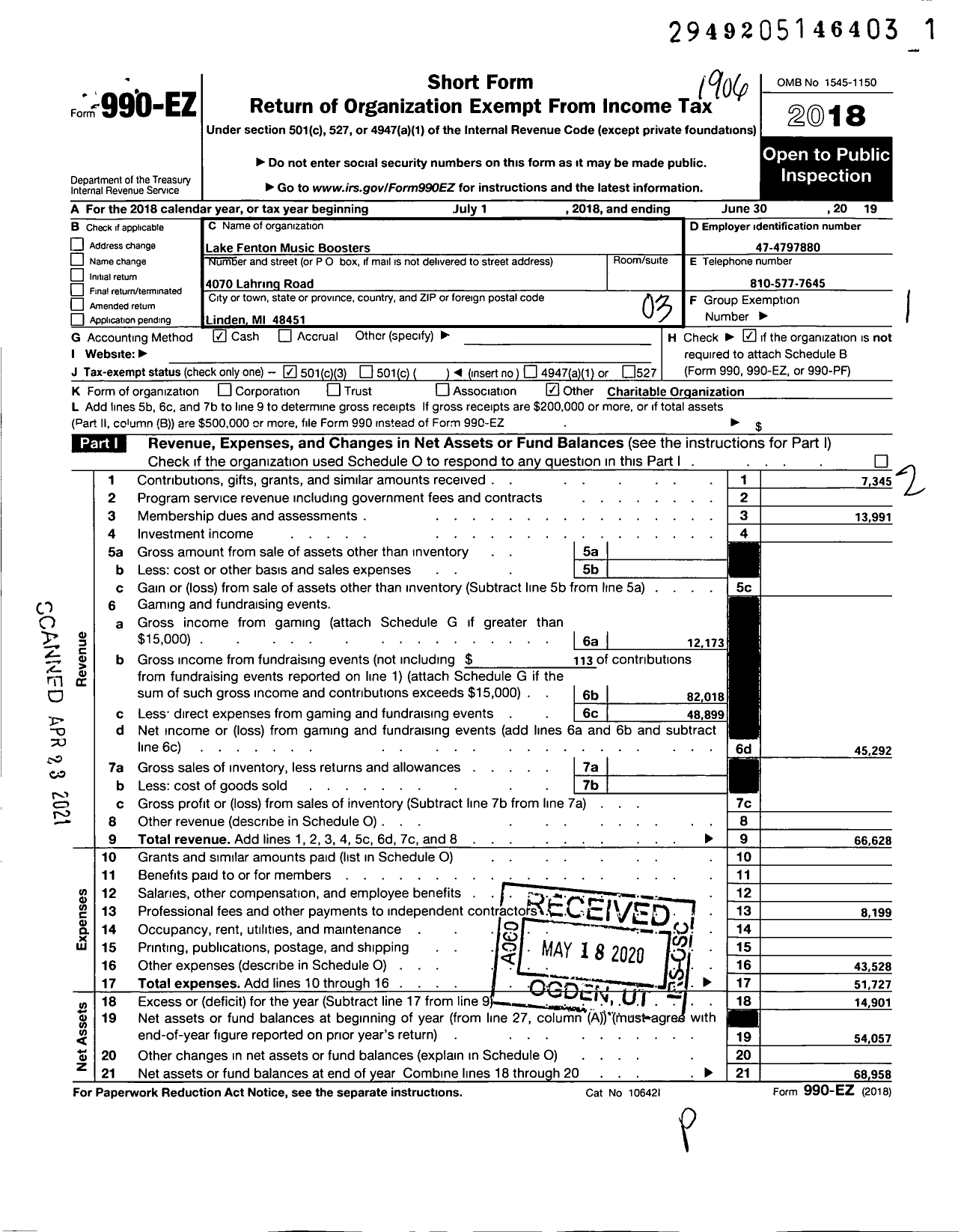 Image of first page of 2018 Form 990EZ for Lake Fenton Music Boosters