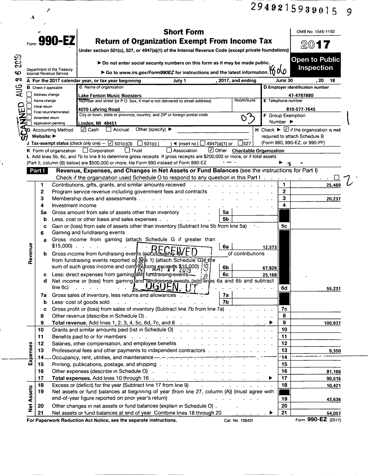 Image of first page of 2017 Form 990EZ for Lake Fenton Music Boosters