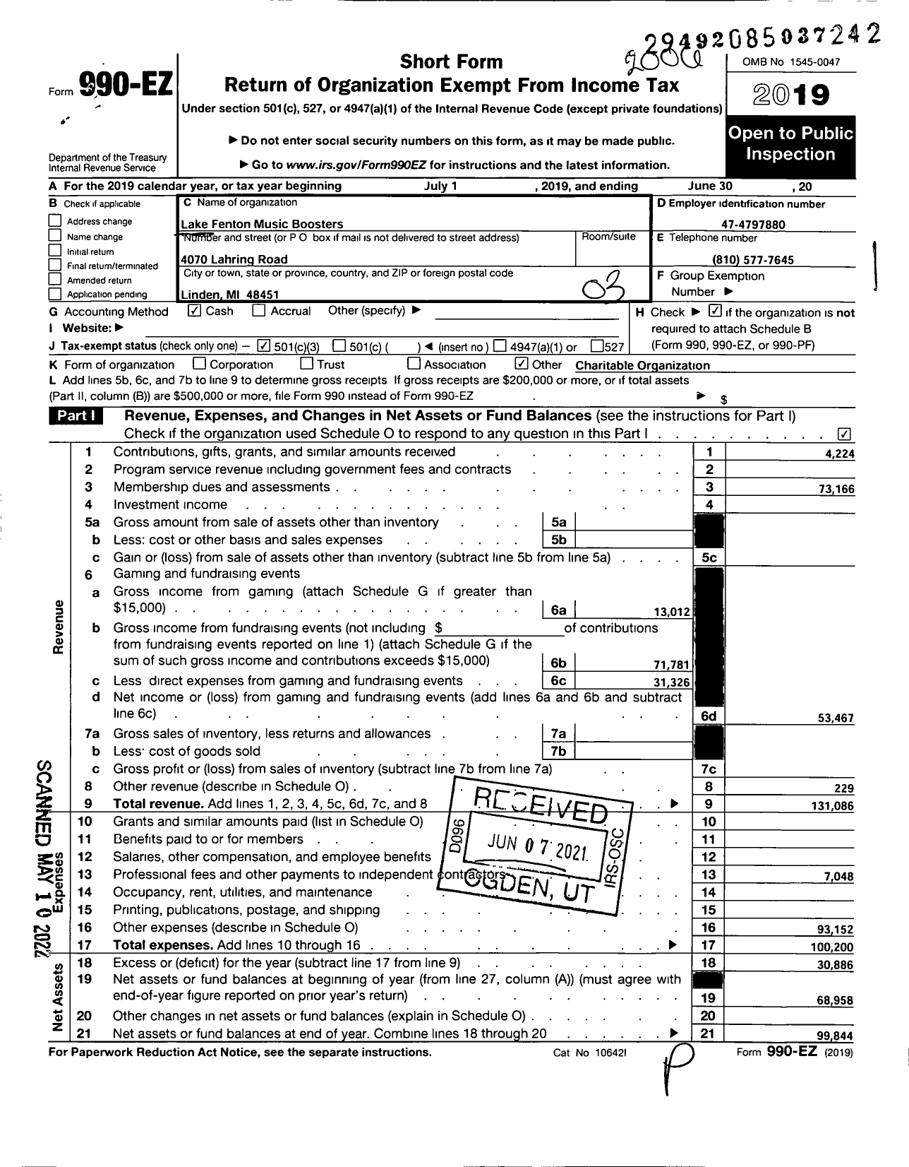 Image of first page of 2019 Form 990EZ for Lake Fenton Music Boosters