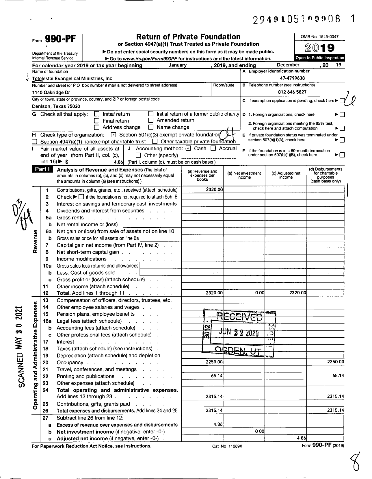 Image of first page of 2019 Form 990PF for Tetelestai Evangelical Ministries Tetelestai Evangelical Ministries