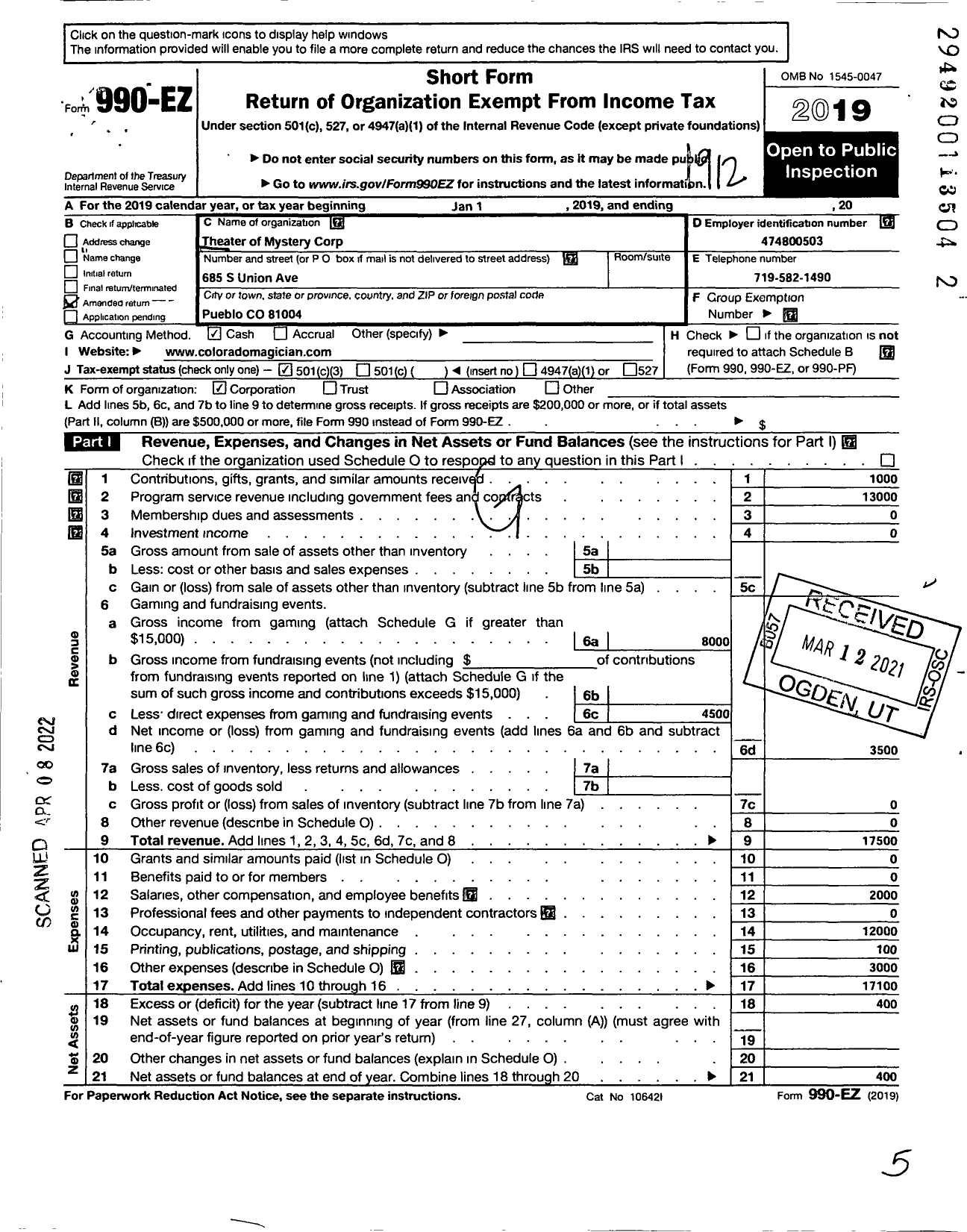 Image of first page of 2019 Form 990EZ for Theater of Mystery Corporation