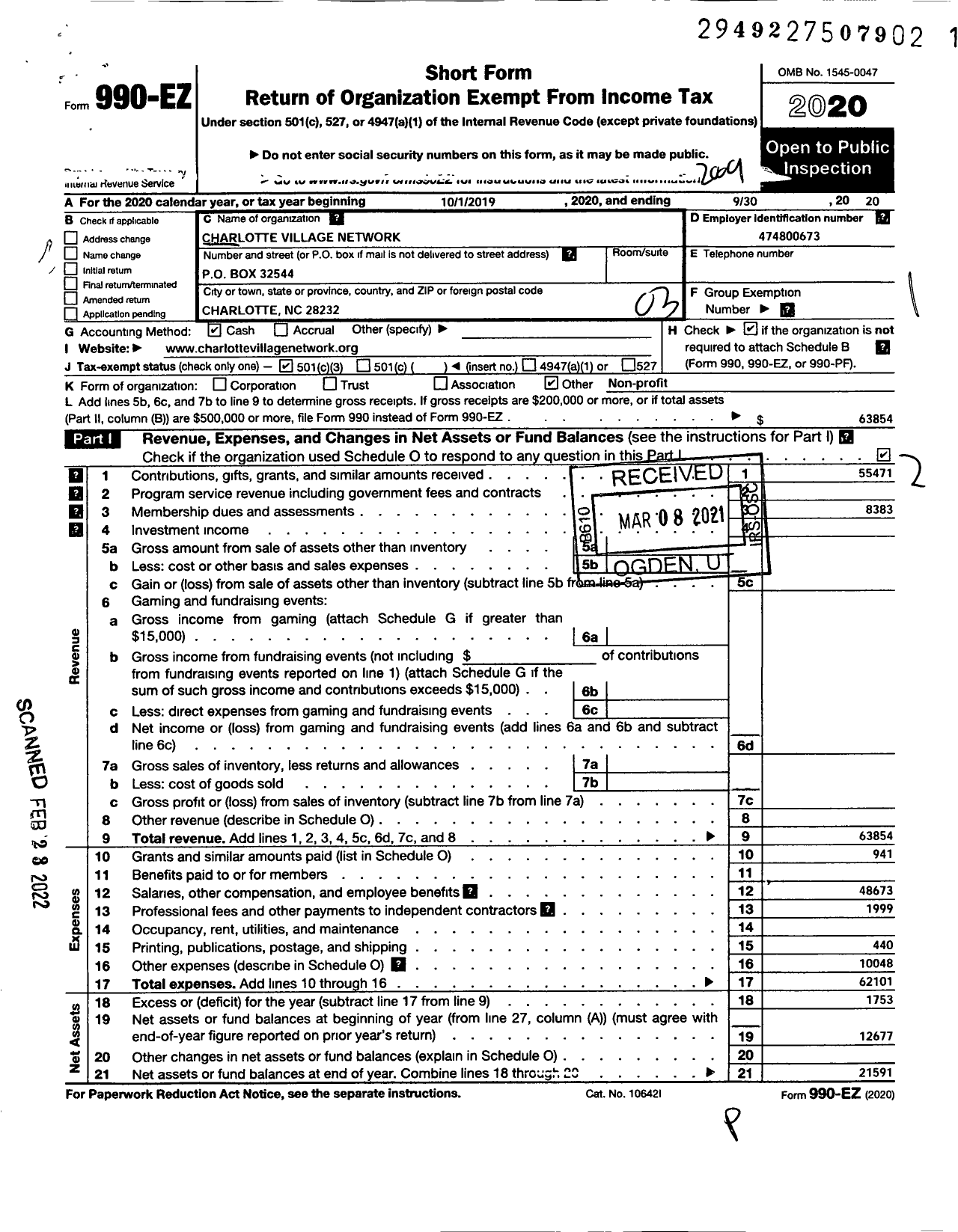 Image of first page of 2019 Form 990EZ for Charlotte Village Network