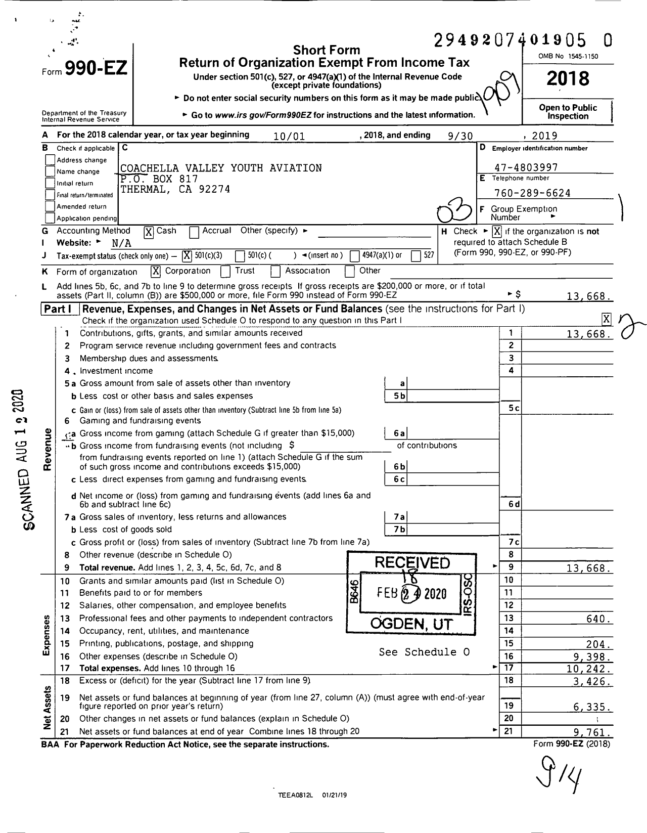 Image of first page of 2018 Form 990EZ for Coachella Valley Youth Aviation Education Program