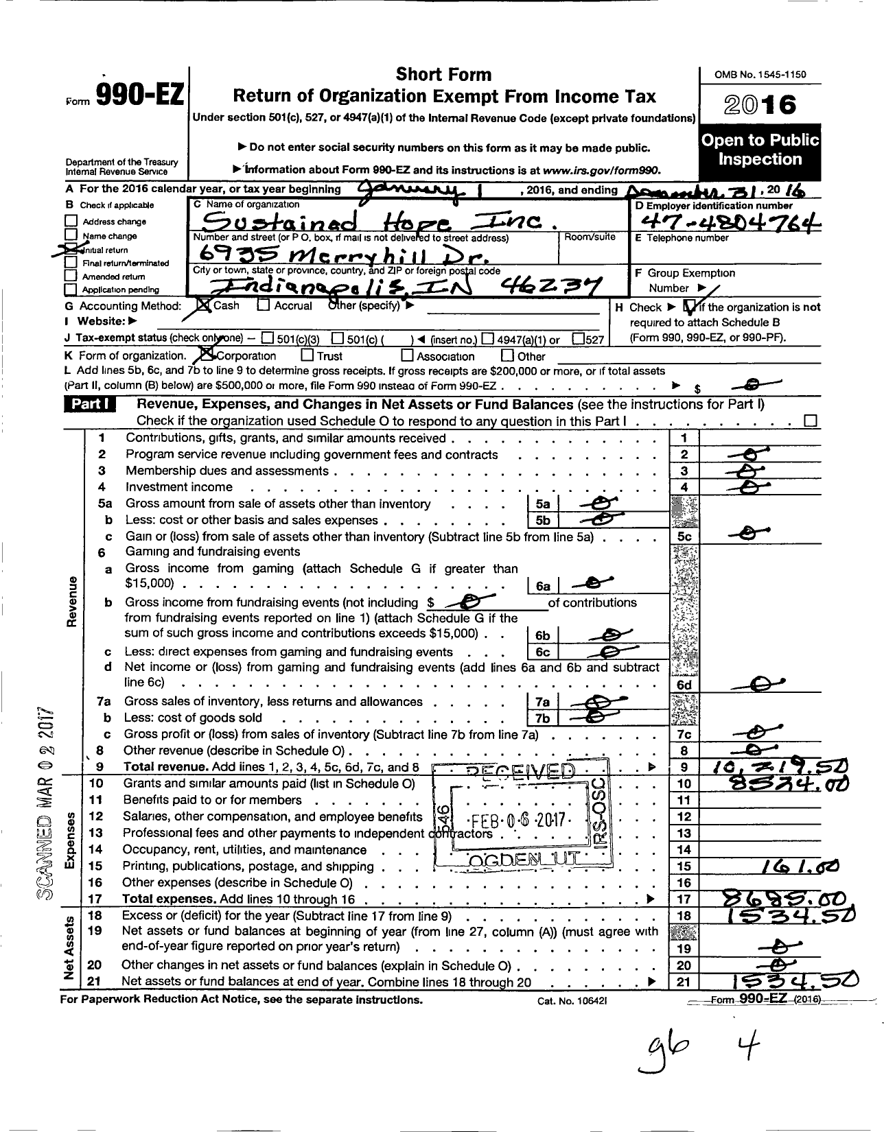 Image of first page of 2016 Form 990EO for Sustained Hope