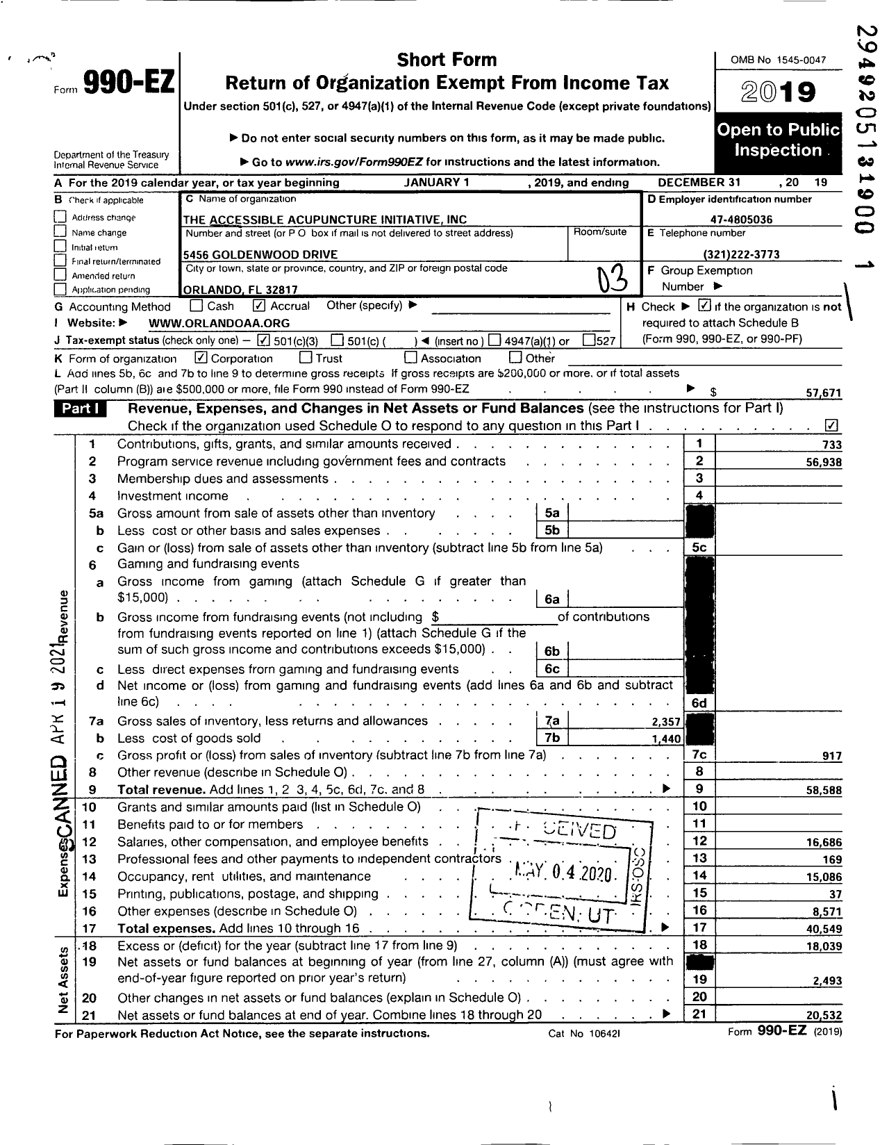 Image of first page of 2019 Form 990EZ for Accessible Acupuncture Initiative