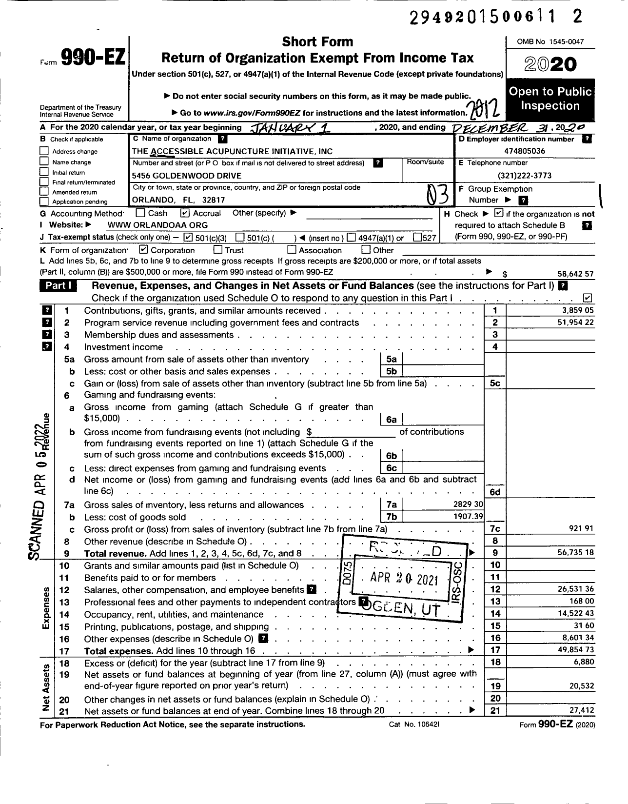 Image of first page of 2020 Form 990EZ for Accessible Acupuncture Initiative