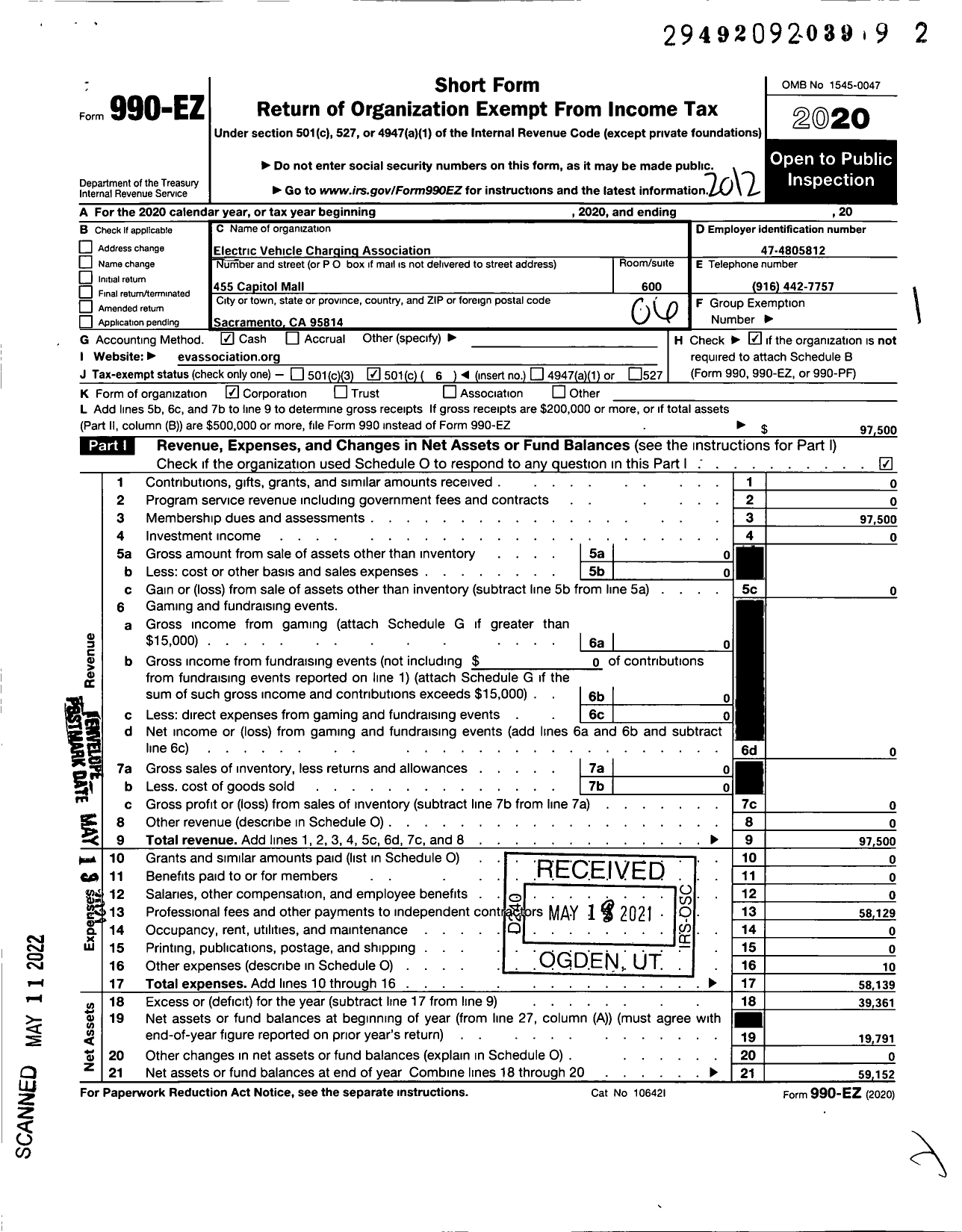 Image of first page of 2020 Form 990EO for Electric Vehicle Charging Association