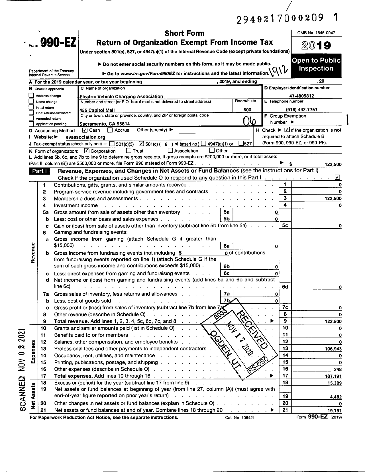 Image of first page of 2019 Form 990EO for Electric Vehicle Charging Association