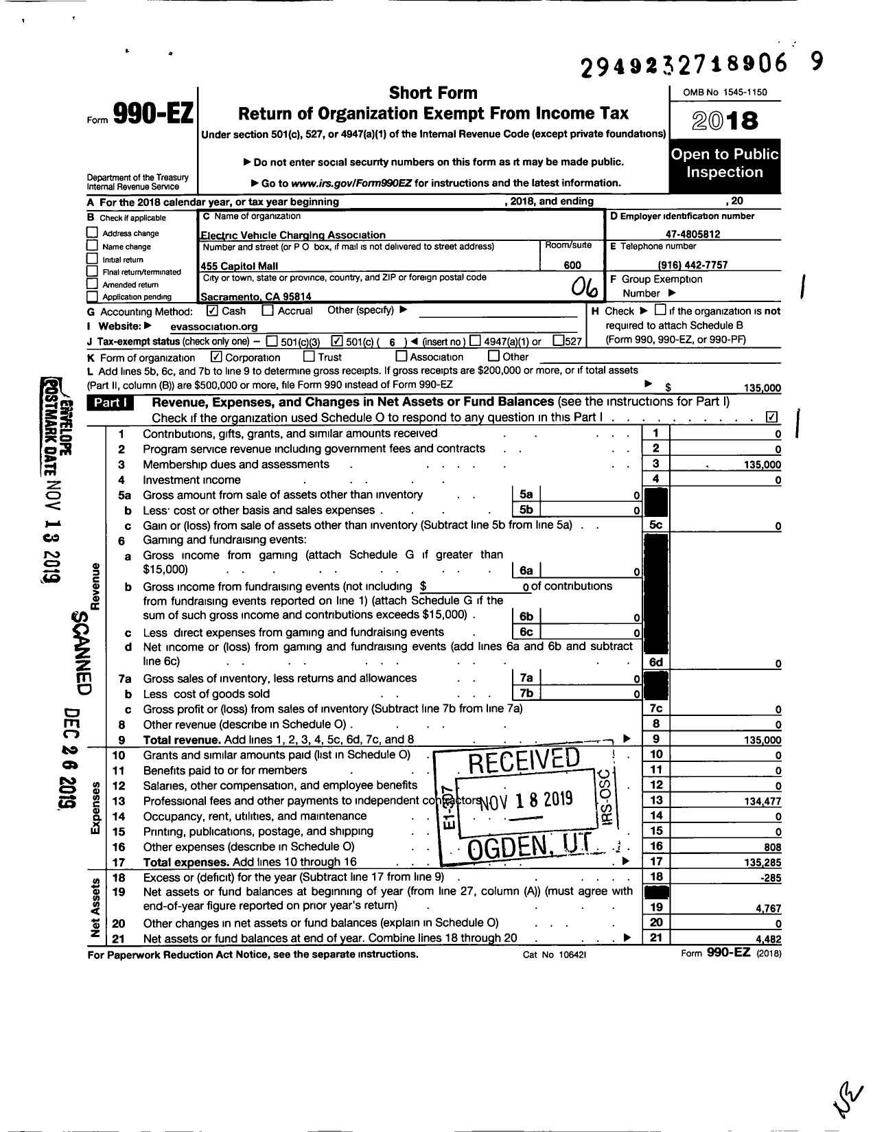 Image of first page of 2018 Form 990EO for Electric Vehicle Charging Association