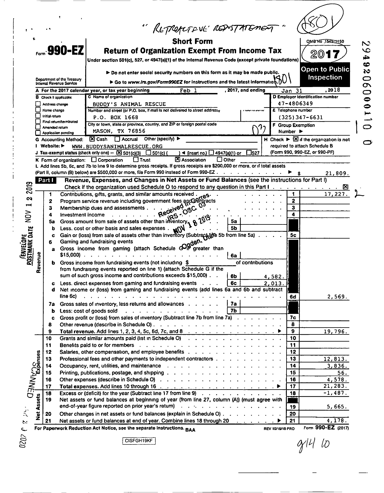 Image of first page of 2017 Form 990EZ for Buddys Animal Rescue