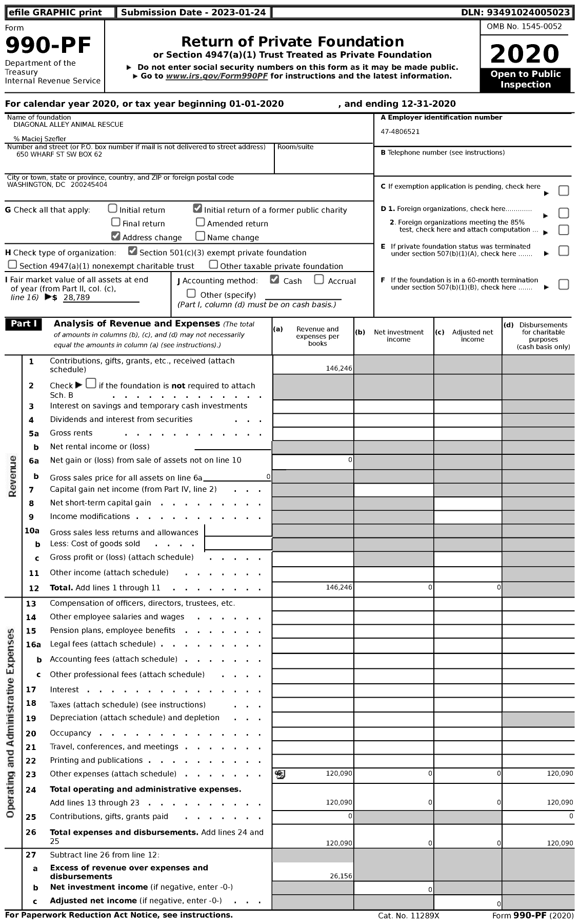 Image of first page of 2020 Form 990PF for Diagonal Alley Animal Rescue