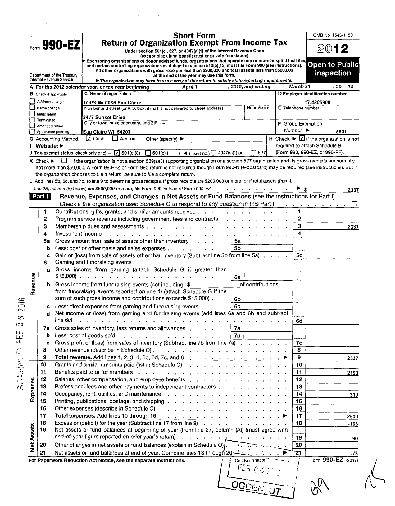 Image of first page of 2012 Form 990EZ for Tops Club - 0036 Eau Claire Tops Wi