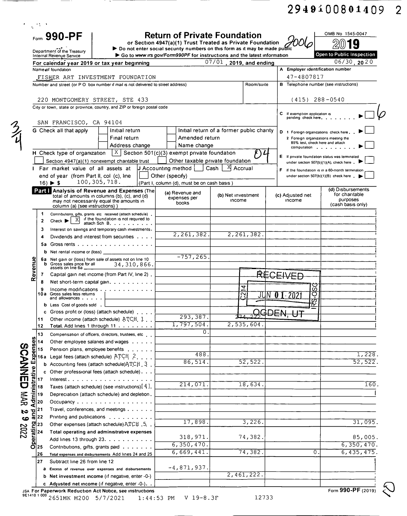 Image of first page of 2019 Form 990PF for Fisher Art Investment Foundation