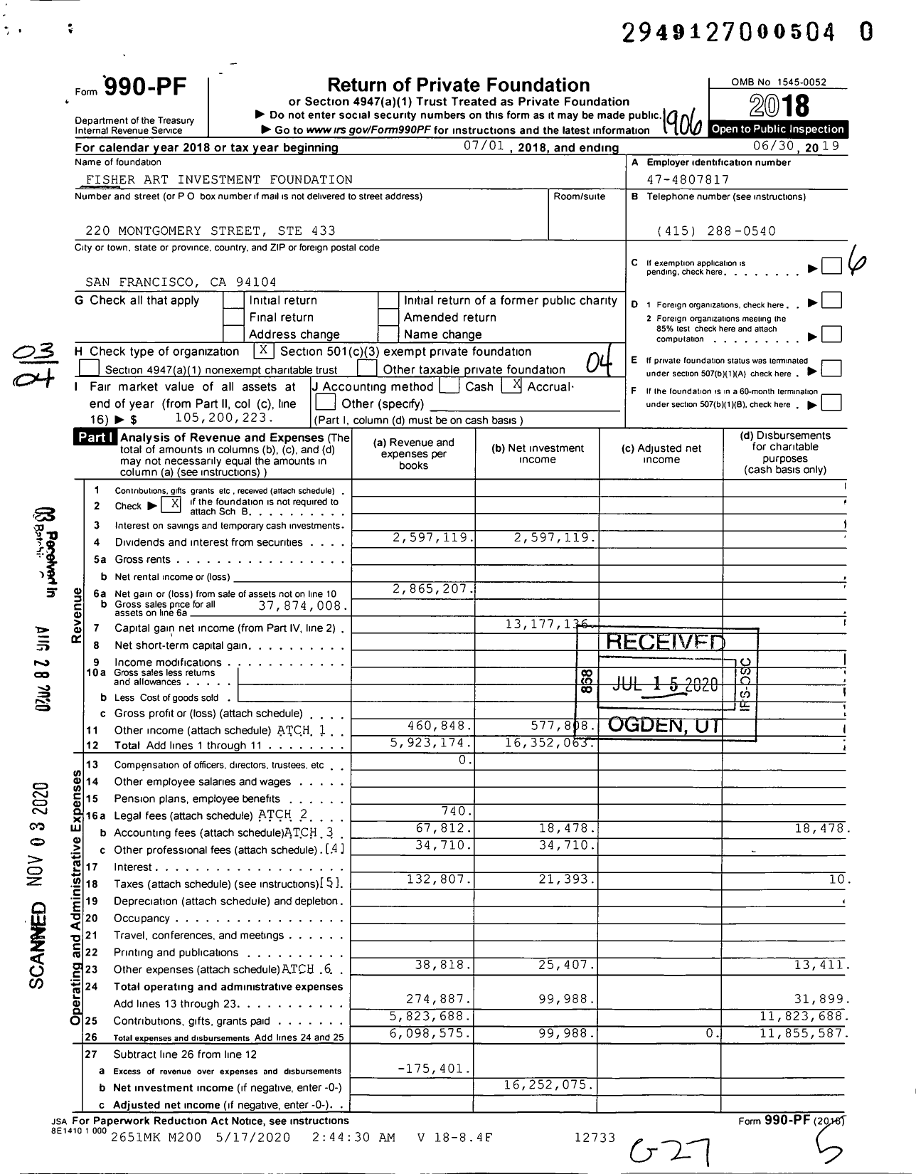 Image of first page of 2018 Form 990PF for Fisher Art Investment Foundation