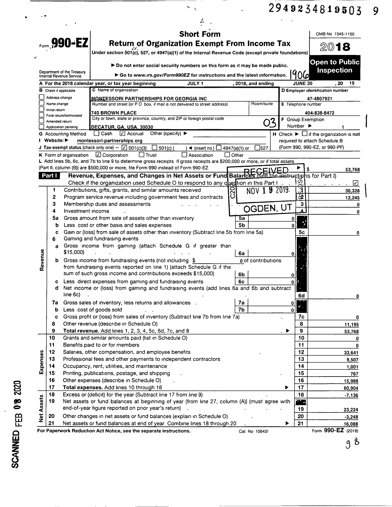 Image of first page of 2018 Form 990EZ for Montessori Partnerships for Georgia