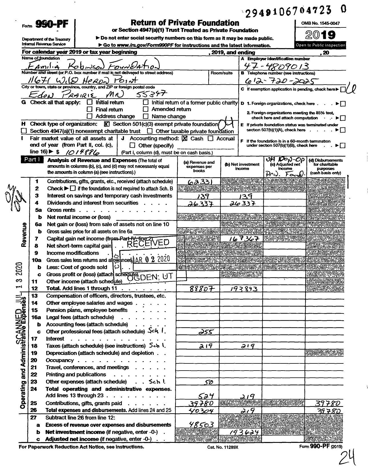 Image of first page of 2019 Form 990PR for Familia Robinson Foundation