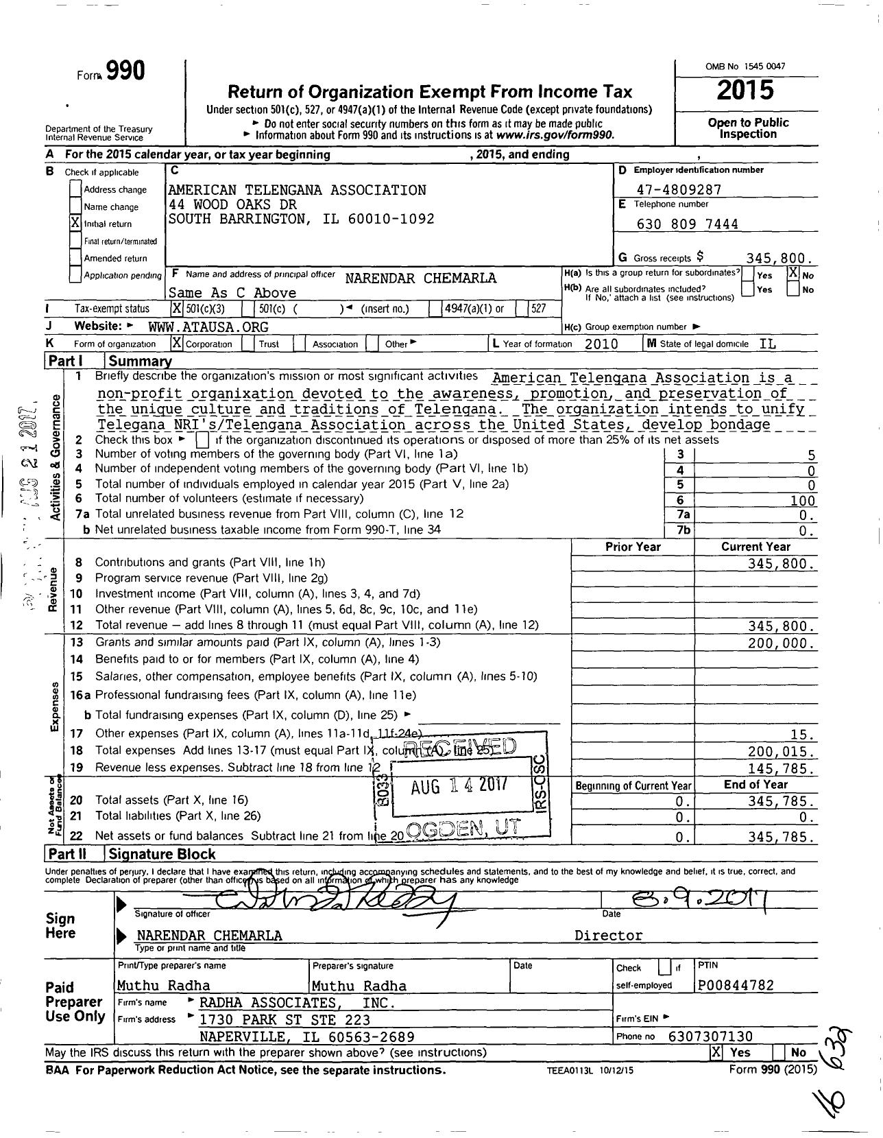 Image of first page of 2015 Form 990 for American Telangana Association