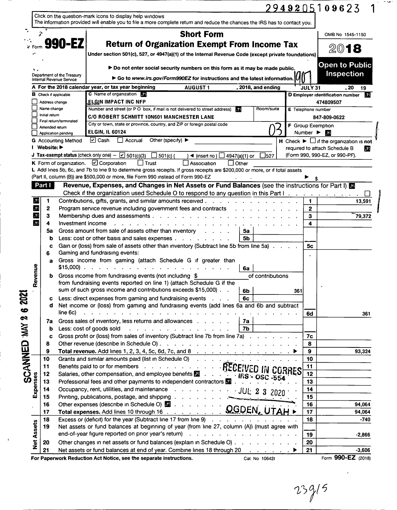 Image of first page of 2018 Form 990EZ for Elgin Impact NFP