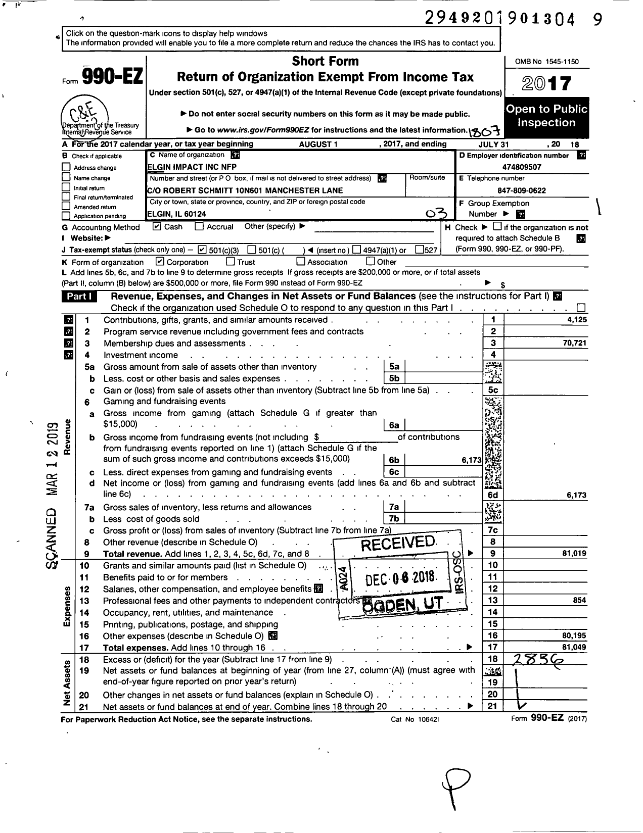 Image of first page of 2017 Form 990EZ for Elgin Impact NFP