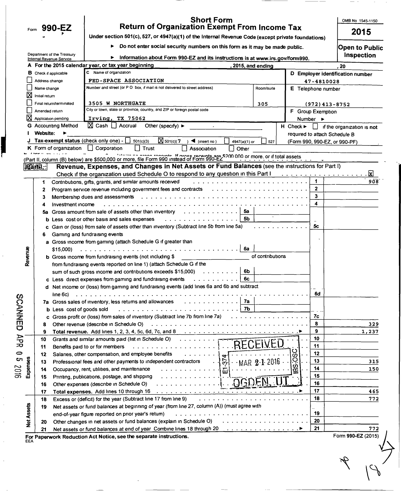 Image of first page of 2015 Form 990EO for Fed-Space Association