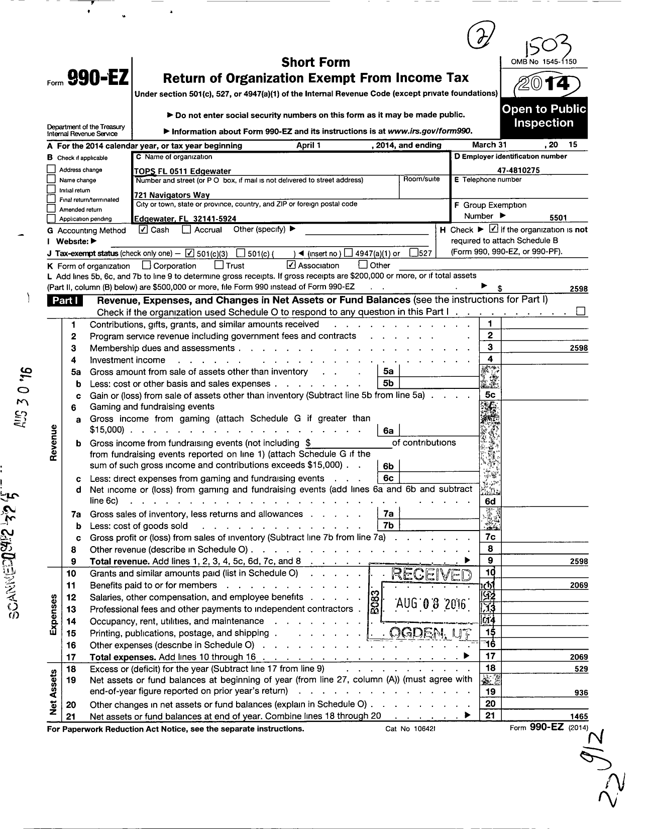 Image of first page of 2014 Form 990EZ for Tops Club - 0511 Edgewater Tops FL