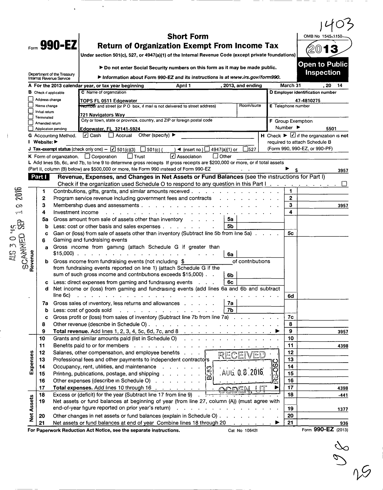 Image of first page of 2013 Form 990EZ for Tops Club - 0511 Edgewater Tops FL